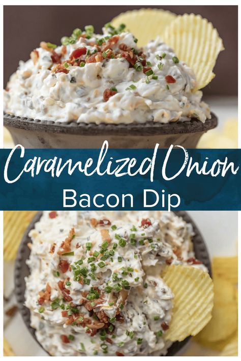 CARAMELIZED ONION DIP is the ultimate super easy appetizer to make for game day! This amazing sour cream and bacon dip is made in minutes and loved by all. It's filled with so much flavor, and so many delicious ingredients, like bacon, sour cream, onions, and chives. Serve this up with chips and enjoy! Onion Bacon Dip, Cream Onions, Bacon Dip Recipes, Dip Appetizers, Cold Dip Recipes, Super Easy Appetizers, Caramelized Onion Dip, Sour Cream Dip, Bacon Dip