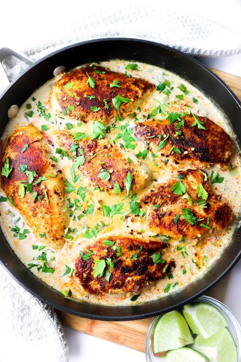 CREAMY CILANTRO LIME CHICKEN Creamy Cilantro Lime Chicken, Lemon Garlic Chicken Thighs, Lime Chicken Recipes, Cilantro Chicken, Soup Appetizers, Lemon Garlic Chicken, Cilantro Lime Chicken, Lime Sauce, Low Carb Vegetarian