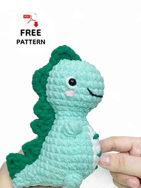 No Sew Crochet Dinosaur Free Amigurumi Pattern No Sew Dinosaur Crochet, Crochet Trex Dinosaur Pattern Free, Crochet Triceratops Free Pattern, Crochet Dinosaur Hat, Crochet Dinosaur Pattern Free, Crochet T-rex, No Sew Crochet, Crochet Dinosaur Patterns, Crochet Cat Toys