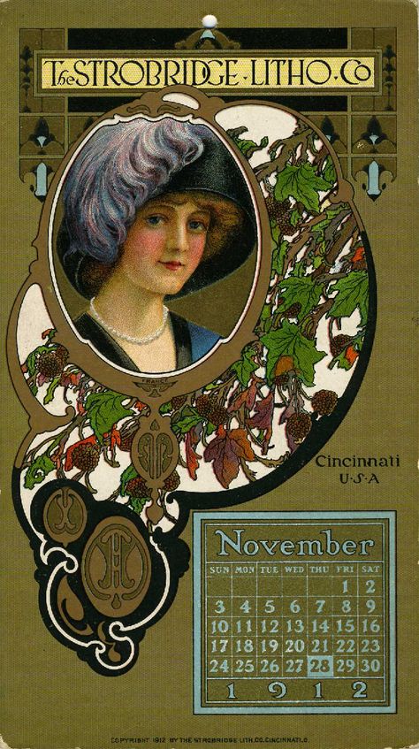 Strobridge Litho Co - November 1912 Company Calendars, Calendar Vintage, Art Deco Graphics, Nouveau Illustration, Illustration Calendar, Calendar Cards, Zodiac Elements, Vintage Calendar, Art Nouveau Illustration