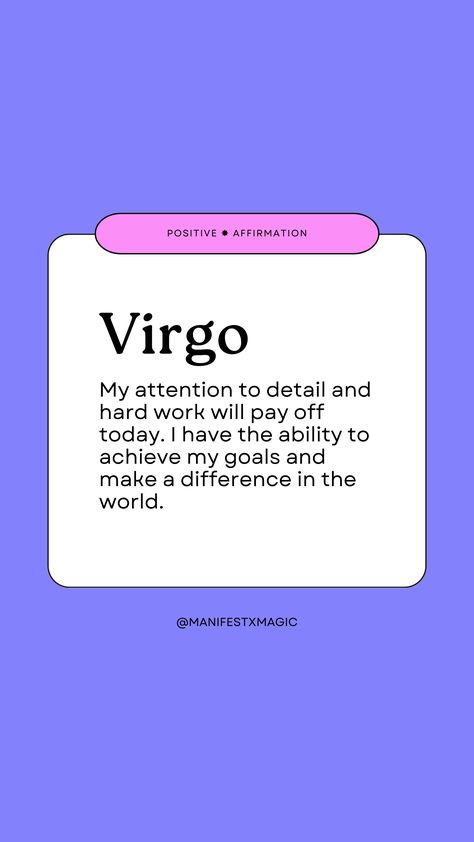 💞 Follow for more inspirational words, and positive daily affirmation quotes 💞 Affirmations For Virgo, Virgo Spirituality, Virgo Affirmation, Virgo Mantra, Virgo Energy, Virgo Qualities, Astrology Virgo, Daily Positive Affirmations, Happy Words