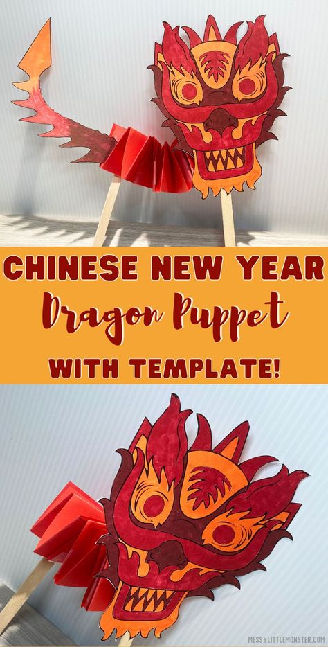 Dragon Craft For Kids, Chinese Dragon Puppet, New Year Craft For Kids, Dragon Puppet Template, Chinese New Year Craft, New Lunar Year, Puppet Template, New Year Craft, Dragon Craft