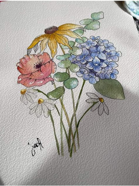 Watercolor Flowers Line Art, Watercolour And Pen Flowers, Pen And Wash Flowers, Watercolor And Pen Art Illustrations, Flower Arrangement Drawing, Flower Garden Sketch, Easy Floral Watercolor, Water Colour Flower Paintings, Wildflower Garden Bed