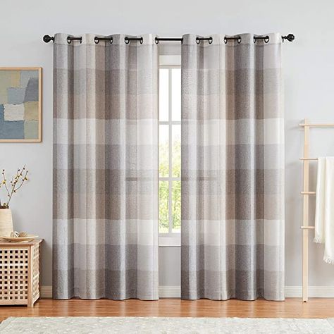 Grey Curtains Bedroom, Buffalo Plaid Curtains, Farmhouse Style Curtains, Buffalo Check Curtains, Farmhouse Window Treatments, Check Curtains, Neutral Curtains, Plaid Curtains, Brown Curtains