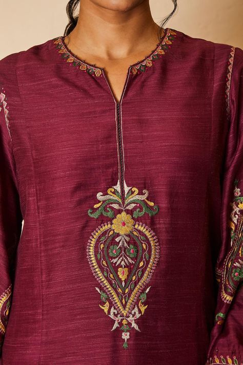 Buy Sue Mue Wine Tussar Georgette Thread Work Embroidered Kurta Salwar Set Online | Aza Fashions Hand Embroidered Kurtis, Top Lehenga, Eastern Fashion, Embroidery Dresses, Hand Embroidery Dress, Short Kurta, Embroidery On Kurtis, Kurti Embroidery Design, Notched Neckline