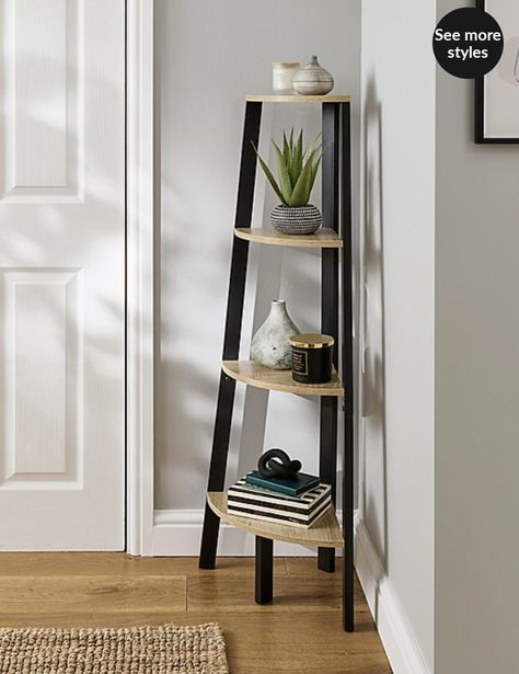 • Black frame • MDF • 49 x 32 x 125 cm Corner Table Ideas Bedroom, Single Shelf Styling Living Room, Living Room Corner Shelf Decor, Hallway Corner Storage, Corner Shelves Dining Room, Staircase Corner Decor Ideas, Cosy Corner Living Room, Hallway Corner Ideas, Living Room Corner Tv