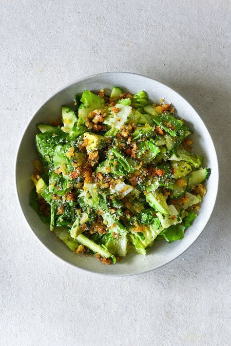 Crisp cos, chunks of avo and cucumber and a few herbs are tossed in a sweet and tangy vinaigrette to make this very simple and yummy salad. The sourdough crumbs add a great crunch and the parm adds a little umami but both are added extras and you can go without. The Best Caesar Salad, Sides Veggies, Best Caesar Salad, Roasted Cabbage, Heart Healthy Diet, Roasted Brussels Sprouts, Vegetable Side, Veggie Side Dishes, Roasted Brussel Sprouts