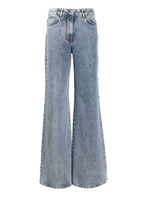 Find GIVENCHY Crystal-embellished Wide-leg Jeans on Editorialist. light blue cotton washed denim crystal embellishment mid-rise belt loops concealed fly and button fastening classic five pockets wide leg Denim Crystal, Givenchy Jeans, Versace Outfit, Yoko London, City Dress, Summer Beach Wear, Washed Denim, Crystal Embellishment, Wide Leg Denim