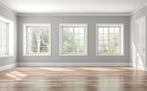 Brighten every room in your house with big windows! Window Trim Styles, Empty Rooms Interior, White Molding, Diy Window Treatments, Light Grey Walls, White Windows, Empty Room, Floor Colors, Grey Walls