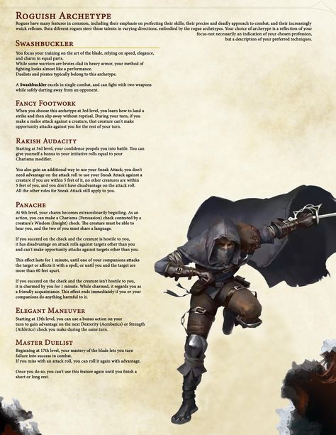 Rogue Class Roguish Archetype Swashbuckler 5th Rouge Class Dnd, Dnd Rogue Swashbuckler, Dnd Rogue Archetype, Rouge Archetype Dnd, Dnd Rogue Subclasses Homebrew, Rogue Subclasses 5e, Rogue Homebrew, Roguish Archetype, Swashbuckler Rogue