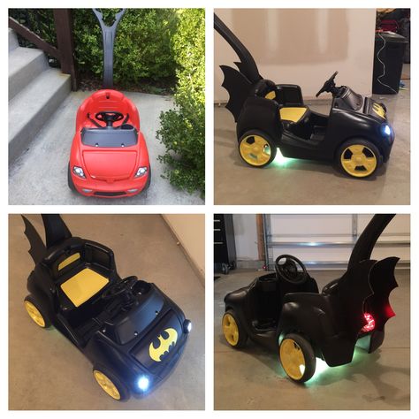 Made this bat mobile for Halloween. Craigslist Step2 Red Push Car. Krylon spray paint, hand drawn decals and LED puck lights! Love it! Bat Mobile Diy, Step2 Push Car Makeover, Step 2 Car Makeover, Step 2 Push Car Makeover, Batman Playhouse, Push Car Makeover, Mommy Costumes, Little Tikes Makeover, Cars Halloween Costume