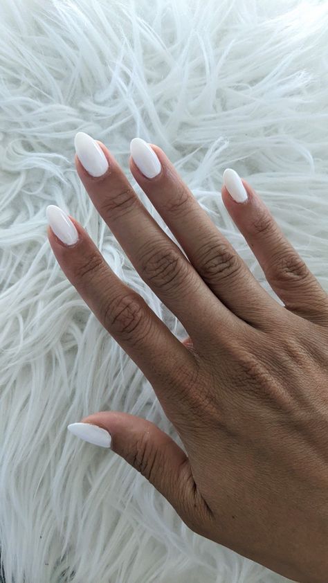 Plain White Gel Nails, White Nails Gel Extensions, Oval Shellac Nails, White Gel X Nails Almond, White Rounded Acrylic Nails, Nails White Plain, White Glow Nails, Nails White Design Almond, White Almonds Nails