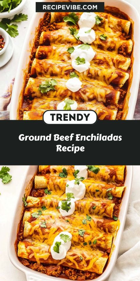 Easy Ground Beef Enchiladas Recipe! Discover the ultimate weeknight dinner with these delicious enchiladas! Featuring flavorful ground beef, fresh ingredients, and a spicy kick, this dish is a crowd-pleaser. Perfect for meal prep or feeding a crowd—serve with your favorite sides for a complete feast! Enjoy every bite! Easy Cheesy Ground Beef Enchiladas, Enchilada Pie Recipe Ground Beef, Enchalidas Recipes Beef Enchiladas, Best Recipes With Ground Beef, Homemade Beef Enchiladas, Ground Beef Mexican Recipes, Mexican Recipes With Ground Beef, Freezer Enchiladas, Ground Beef Enchilada Recipe