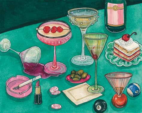 For the Girls Art Print is a print of a my hand drawn watercolor painting featuring champagne and spritz cocktails in varying glasses and garnished with cherries. It also features an ash tray, lipstick, poker chips, green olives, a cake slice, and pool table balls. It is printed on a cold press, watercolor textured paper. Acid free, archival, and very sturdy with a matte finish. They are quickly shipped in both a plastic protective sleeve and a rigid mailer to ensure its safety during shipping. Each print is made to order- printed, cut, and packaged by hand in my home. Sizes: 5x7, 8x10, 11x14Please note! No frame is included- they are just the physical print but are ready to be framed in your own style of frame.*This is a reproduction of the original watercolor painting. Colors may differ Poker Table Painting, Table Setting Painting, Table Scape Painting, Cool Prints For Wall, Bachelorette Art, Water Colour Painting Ideas, Drinks Painting, Poker Painting, Pool Table Balls