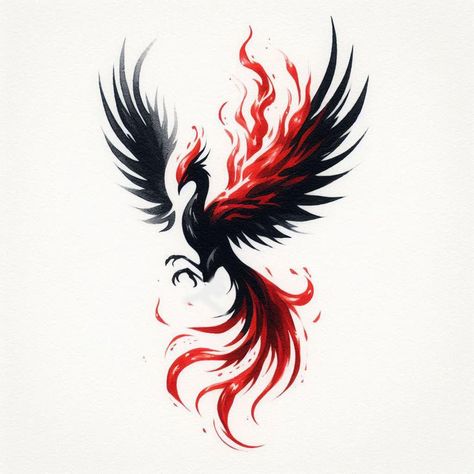 Black Phoenix Tattoo Design, Phoenix Tattoo With Flames, Pheonix Tattoo For Women On Back, Red Ink Tattoos For Women, Black And White Phoenix Tattoo, Red And Black Butterfly Tattoo, Phenix Birds Tattoo, Fenix Tattoo Design, Black Phoenix Tattoo