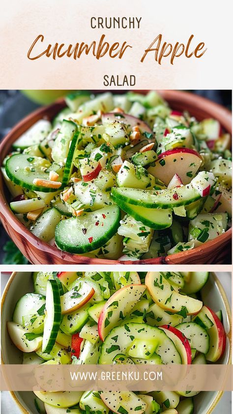 Whip up a batch of our Crunchy Cucumber Apple Salad for a refreshing and flavorful dish that's perfect for any occasion. Simple, crunchy, and oh-so-satisfying! 🥗🍎 #CucumberAppleSalad #HealthyRecipes #EasySalads #FreshFlavors #HomemadeGoodness Fall Cucumber Salad, Crunchy Cucumber And Apple Salad, Cucumber And Apple Salad, Apple Cucumber Salad, Cucumber Apple Salad, Healthy Cold Appetizers, Cucmber Salad, Kale Apple Salad, Apple Salad Recipe