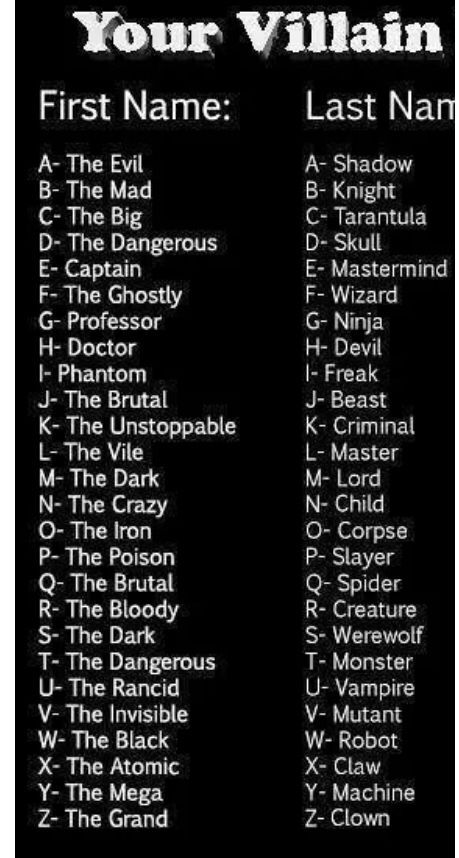 #Names #Villain Elemental Names, Funny Name Generator, Bike Logos Design, Group Names Ideas, Name Creator, Villain Names, Villain Quote, Best Character Names, Fantasy Names