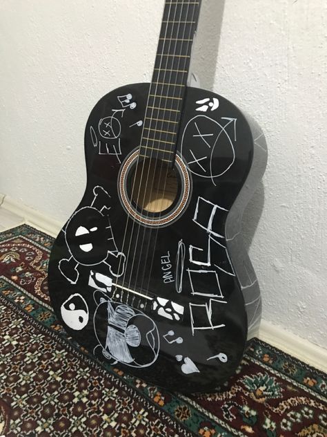 Acoustic Guitar Stickers Ideas, Stickers On Guitar Acoustic, Pfp Pictures, Acoustic Guitar Art, Black Acoustic Guitar, Guitar Guy, Guitar Designs, Guitar Stickers, Guitar Obsession