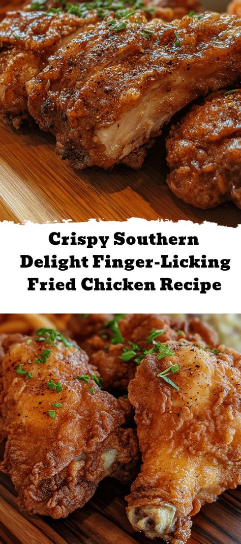 Discover the ultimate Crispy Southern Delight with this finger-licking fried chicken recipe! Perfectly seasoned and fried to golden perfection, each bite is a harmonious blend of crunch and juicy goodness that will transport you to family gatherings and summer picnics. In just 45 minutes, you can impress everyone at your table with a dish that honors the rich history of Southern cuisine. Serve it up with your favorite sides like biscuits or coleslaw for a comforting meal that’s sure to Fried Chicken In Deep Fryer, Fried Chicken Dredge Recipe, Air Fryer Southern Fried Chicken Recipe, Extra Crispy Fried Chicken Recipe, Fried Chicken Sides, Louisiana Fried Chicken, Recipe For Kentucky Fried Chicken, Fried Chicken Seasoning, Best Fried Chicken Recipe