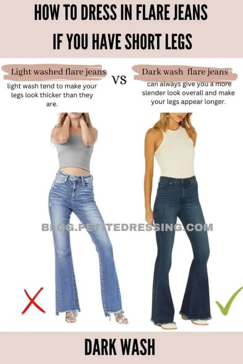 Slim Flare Jeans Outfit, Petite Flare Jeans, Slim Flare Jeans, Make Your Legs Look Longer, Flare Jeans Outfit, Womens Flare Jeans, Dark Wash Flare Jeans, Flare Leg Jeans, Short Legs