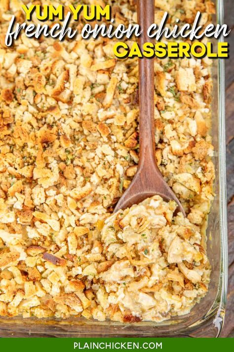 Yum Yum French Onion Chicken Casserole - this chicken stuffing bake is the ultimate comfort food! Chicken, cheddar cheese, and French onion dip, topped with crispy French fried onions and Stove Top stuffing for the perfect crunch. Easy to make and absolutely delicious – your whole family will love it! French Onion Chicken Pasta Bake, French Onion Chicken And Rice Bake, Onion Chicken Recipes, Chicken Caseroles, French Onion Dip Chicken, French Fried Onion Chicken, Stove Top Chicken Casserole, French Onion Chicken Casserole, Onion Chicken Casserole