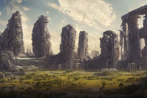 Cyclopean alien ruins | Deep Dream Generator Sci Fi Ruins, Alien Ruins, Overgrown City, Veil Inspiration, City Ruins, Vast Landscape, Monumental Architecture, Alien Planet, Alien Worlds