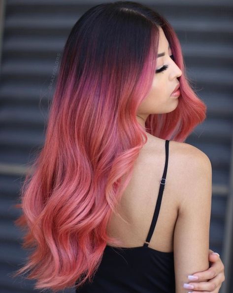 Rose Pink Balayage for Dark Hair Cotton Candy Pink Hair, Pink Hair Streaks, Pink And Orange Hair, Dark Pink Hair, Rose Pink Hair, Bright Pink Hair, Long Pink Hair, Trendy We Fryzurach, Pink Hair Color