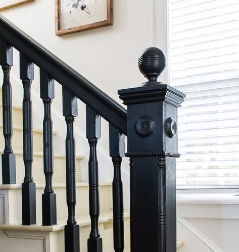 Dark Spindles Staircase, 1920 Staircase, Black Painted Stair Railing, Black Staircases, Colonial Staircase, Black Banister, Black Painted Stairs, Painted Banister, Painted Stair Railings