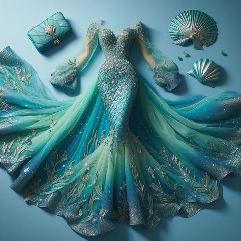 Goddess Of The Sea Costume, Fantasy Mermaid Dress, Ariel Prom Dress, Ocean Themed Clothes, Sea Theme Dress, Sea Inspired Dress, Ocean Theme Dress, Sea Inspired Outfits, Mermaid Theme Dress