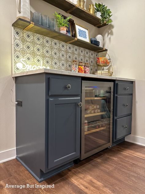 Built In Drink Fridge, Dining Room To Bar Conversion, Closet To Bar Conversion, Bar Fridge Cabinet, Dry Bar With Mini Fridge, Bar With Beverage Fridge, Drink Station Ideas Kitchens, Basement Snack Bar Ideas, Build A Bar Diy