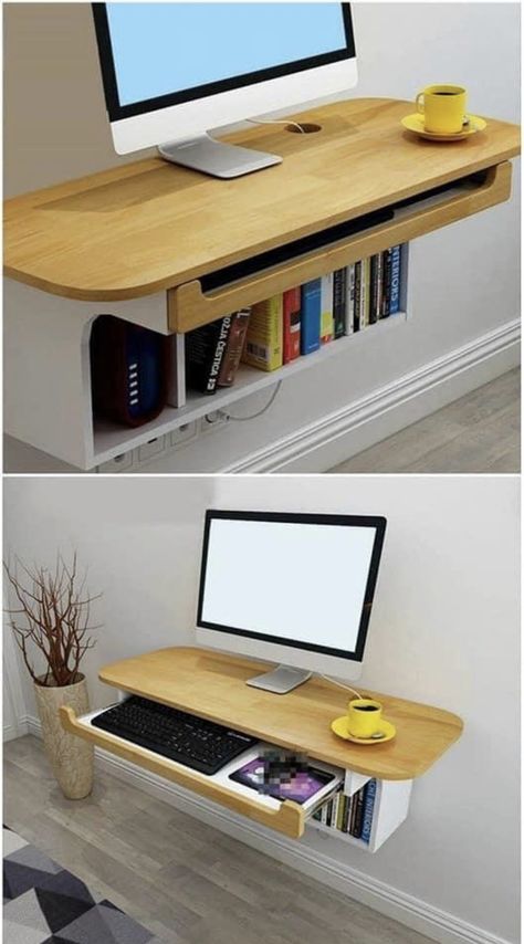 Diy Bookshelf Wall, Study Table Designs, Small Bedrooms, Floating Desk, Desk In Living Room, Wall Bookshelves, Minimal Space, Bookshelves Diy, Study Space