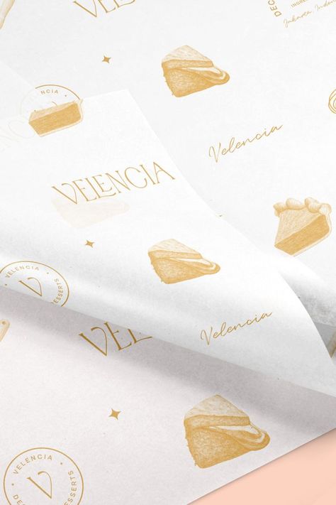 Wax paper design for Velencia, a Jakarta-based bakery creating decadent desserts with premium ingredients. Cake Branding Design, Bakery Branding Logo, Luxurious Restaurant, Pastry Logo, Leaves Logo, Dessert Logo, Cafe Cake, Packaging Illustration, Cake Branding