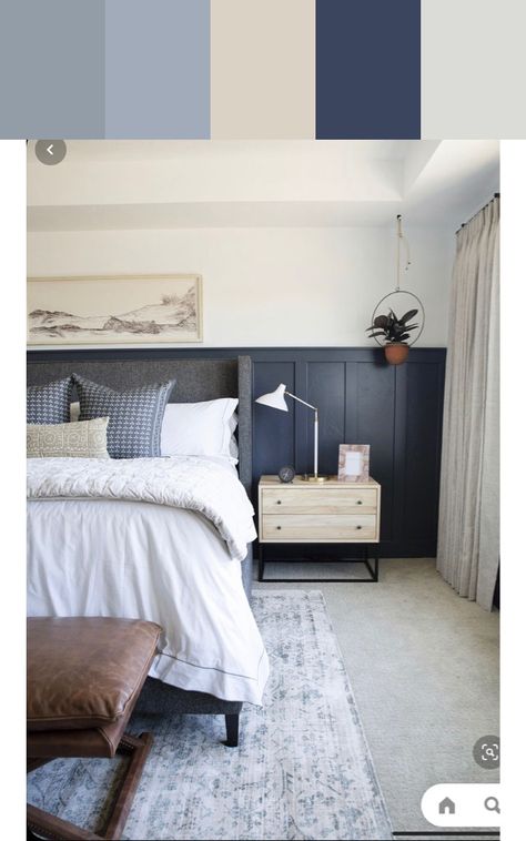 Navy Grey And Cream Bedroom, Blue Bedroom Feature Wall Ideas, Half Trim Wall Bedroom, Grey Bed Blue Walls, Blue Wainscoting Bedroom, Half Blue Wall Bedroom, Two Tone Walls With Chair Rail Color Schemes Master Bedrooms, Navy Wainscoting Bedroom, Dark Grey Wainscoting Bedroom