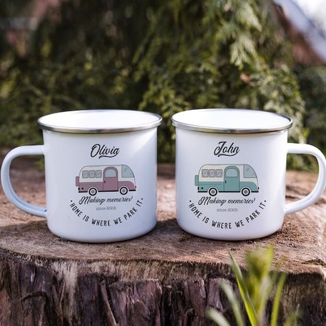 Campervan Enamel Camp Mug / Personalised camper van gift / | Etsy Travel Presents, Retro Caravan, Camping Mugs, Photo Keyrings, Travel Coffee Cup, Cute Surprises, Photo Coasters, Trim Design, Camp Mug