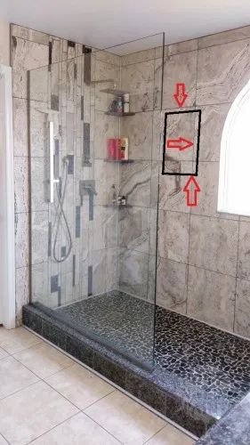 A shower niche requires more planning. The niche at shoulder level dictates where tile starts at the bottom. For example, what if a niche ended up at this point? You'd look at the end points of the wall tile and think...WTF? Shower Corner Shelves, Natural Stone Interior, Tile Shower Shelf, Shower Storage Solutions, Shower Corner Shelf, Tile Walk In Shower, Corner Storage Shelves, Shower Renovation, Stone Interior