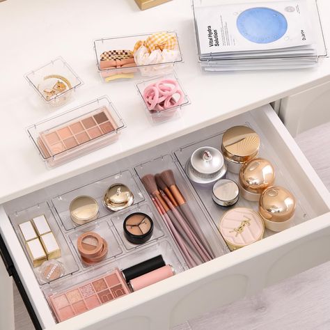 PRICES MAY VARY. Efficient Drawer Organizer Set Make Everything Neat & Organized: Our clear versatile drawer organizer trays allow you to classify and organize your items efficiently, keeping your drawer neat. They're suitable for any place in your home. You could organize various small items. Just like cosmetics, makeup tools, skincare, hair accessories, jewelry, pins, office supplies, craft supplies, utensils, coffee, tea bags, snacks, drugs, bathroom items, tool class, etc. Drawer Essentials Vanity Jewelry, Desk Makeup, Plastic Drawer Organizer, Makeup Drawer Organization, Bathroom Drawers, Makeup Drawer, Dresser Vanity, Vanity Drawers, Organized Desk Drawers