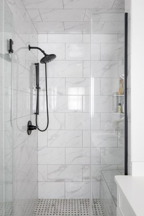 Walk In Shower With Black Shower Head | HGTV Black Shower Fixtures, Black Bathroom Fixtures, Gray Shower Tile, Marble Shower Tile, Black Fixtures, Ensuite Shower Room, Master Bath Shower, Bathroom Remodel Cost, Tiles For Bathroom