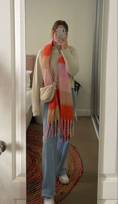 #fashion #winter #scarf #leatherskirt #outfit #inspo #OOTD #casual Layered Scarf Outfit, Large Scarf Outfit Winter, Outfits Italy Winter, Rainbow Scarf Outfit, Red Scarf Outfit Aesthetic, How To Wear Winter Scarf, Style Scarf Outfits, Fluffy Scarf Outfit, Colourful Scarf Outfit