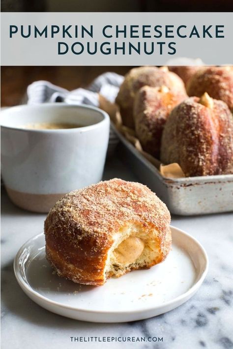 These pumpkin cheesecake doughnuts are brioche doughnuts filled with pumpkin cheesecake and coated in ground graham cracker sugar. #thelisttleepicurean #doughnuts #cheesecake #brioche #cheesecakedonuts #donuts #grahamcrackers Brioche Doughnuts, Brioche Donuts, Easy Donut Recipe, Recipe For Fall, Easy Donuts, Donuts Recipe, Tout Est Possible, Pumpkin Recipes Dessert, Brunch Time