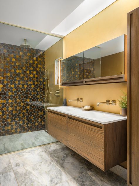 8 Exceptional New Bathrooms With a Curbless Shower Walker Zanger Tile, Egyptian Aesthetic, Main Bathroom Ideas, Walker Zanger, Shower Wall Tile, Stair Riser, Pentagon Shape, Custom Wall Decor, Small Tiles