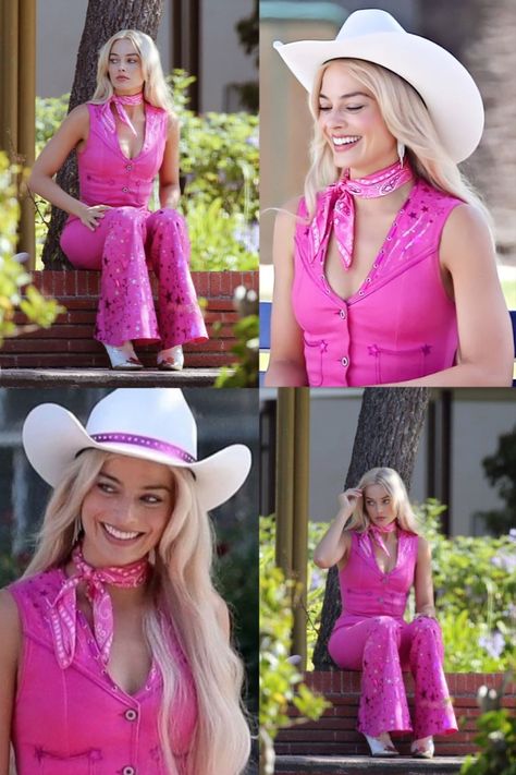 pink outfit inspo, pink aesthetics, Barbie movie Barbie Costume Margot Robbie, Barbie Margot Robbie Cowgirl, Hot Pink Bandana, Barbie Margot Robbie, Cowgirl Barbie, Pink Outfits Aesthetic, Margot Robbie Style, Barbie 2023, Pink Bandana