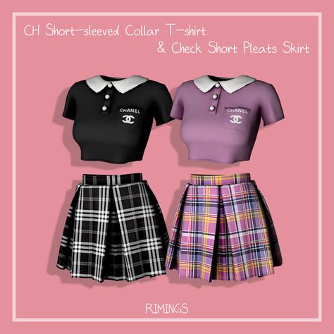 [RIMINGS] CH Short-sleeved Collar T-shirt & Check Short Pleats Skirt | RIMINGS on Patreon Pleats Skirt, Sims 4 Body Mods, Tumblr Sims 4, Pleated Skirt Short, Sims 4 Expansions, Sims 4 Cc Folder, Sims 4 Teen, Sims 4 Dresses, Sims 4 Characters