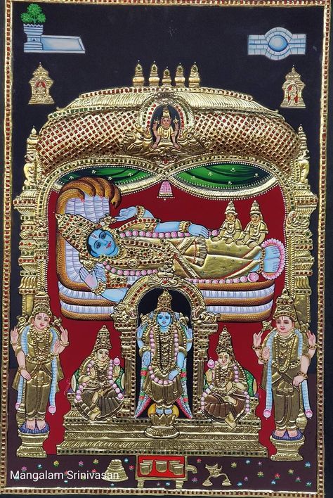 Sri Ranganathaswamy Images, Thanjavur Painting, Lord Pictures, Tanjore Art, Reverse Glass Painting, Indian Traditional Paintings, Tanjore Paintings, Color Splash Photography, Folk Art Paintings