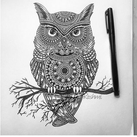 Owl. Calm and Serenity in Balanced Pen drawings. To see more art and information about Rashmi Krishnappa click the image. Mandala Owl, Owl Mandala, Zentangle Animals, Art Zentangle, Owl Posters, Owl Coloring Pages, Owl Art Print, Entry Ideas, Skull Pictures