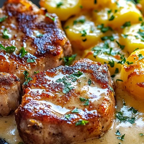 Garlic Butter Pork Chops With Cheesy Potato Bake, Garlic Butter Pork Bites, Baked Pork Chops And Potatoes, Baked Pork Loin Chops, Garlic Butter Pork Chops, Sides For Pork Chops, Honey Glazed Pork Chops, Butter Pork Chops, Cheesy Pork Chops