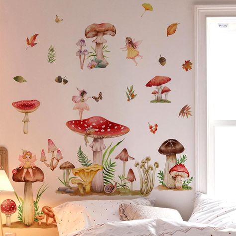 PRICES MAY VARY. Mushroom Wall Decals:Fairy wall stickers can be attached to any clean, dry, non-textured smooth surface: walls, windows, tiles, furniture, mirrors, refrigerators, etc.Please clean the surface before use. Size:You will receive 2 sheets, sheet size: 30cm x 90cm(11.81" x 35.43"), recommend finished size: 140cm(W) × 75cm(H) (42" ×31"),or you can design it yourself. High Quality: Our nursery wall stickers are made of high-quality vinyl, detachable, waterproof, non fading, safe and re Forest Room Decor, Forest Wall Decals, Baby Nursery Wall Decor, Girls Wall Stickers, Fairy Bedroom, Fairy Nursery, Hal Decor, Vinyl Wall Art Decals, Wall Decor Decals