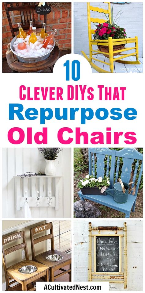 10 Clever DIYs That Repurpose Old Chairs- Don't throw out your old chairs! It's easy to find a great DIY projects to upcycle any old chairs you might have. For some great ideas, check out these 10 clever DIYs that repurpose old chairs! | #diy #upcycle #repurpose #chairs #recycle #reuse #trashToTreasure #decor #diyProject #furniture Repurpose Chairs, Old Wooden Chairs, Upcycle Chair, Chairs Diy, Porch Chairs, Diy Towels, Upcycle Repurpose, Diy Upcycling, Old Chairs