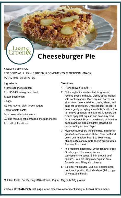 Optavia Cheeseburger Pie, Optavia Cheeseburger, Lean Dinners, Lean Protein Meals, Cheeseburger Pie, Lean And Green, Sample Meal Plan, Lean Meals, Lean And Green Meals