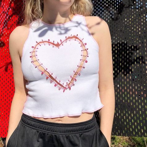 Maddy Page Knitwear on Instagram: “The OG MPK piece, spread the love and get one for your loves and for yourself ❤️” T Shirt With Safety Pins, T Shirt Safety Pin, Outfits With Safety Pins, Safety Pin Shirt Ideas, Safety Pin Outfits, Diy Safety Pin Shirt, Safety Pin Clothes, Safety Pin Tank Top, Reworking Clothes