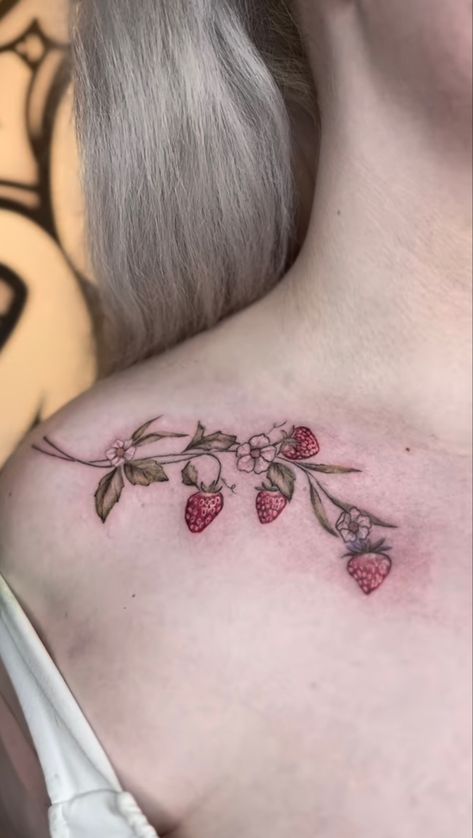 Vine Collar Bone Tattoo, Strawberry Vine Tattoo, Strawberry Vine, Vine Tattoo, Bone Tattoo, Birthday Tattoo, Vine Tattoos, Collar Bone Tattoo, Collar Bone